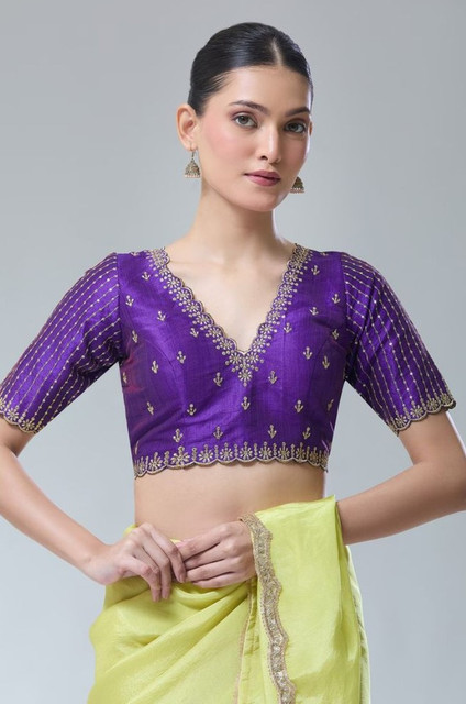 Women's Banarasi Silk Sequence V Neck Non Padded Blouse (Purple 38 Ready (Alterable up to 42)