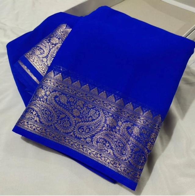 Women's Crepe Chit Pallu Solid Saree With Unstitched Blouse 5.5Mtr (Navy Blue)