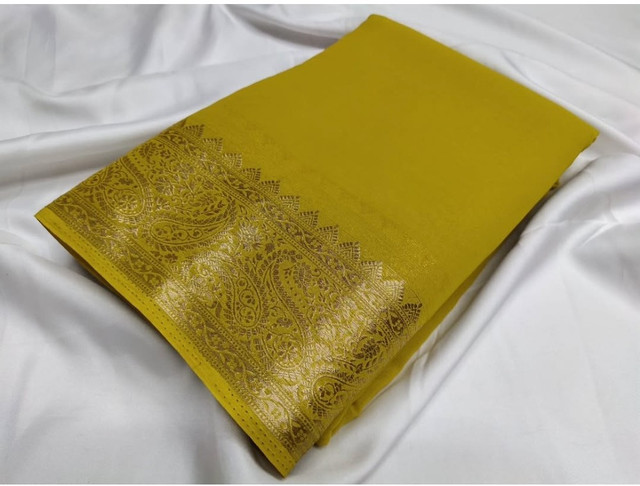 Women's Crepe Chit Pallu Solid Saree With Unstitched Blouse 5.5Mtr (Mustard Yellow)