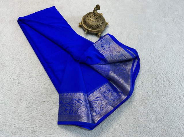 Women's Crepe Chit Pallu Solid Saree With Unstitched Blouse 5.5Mtr (Navy Blue)