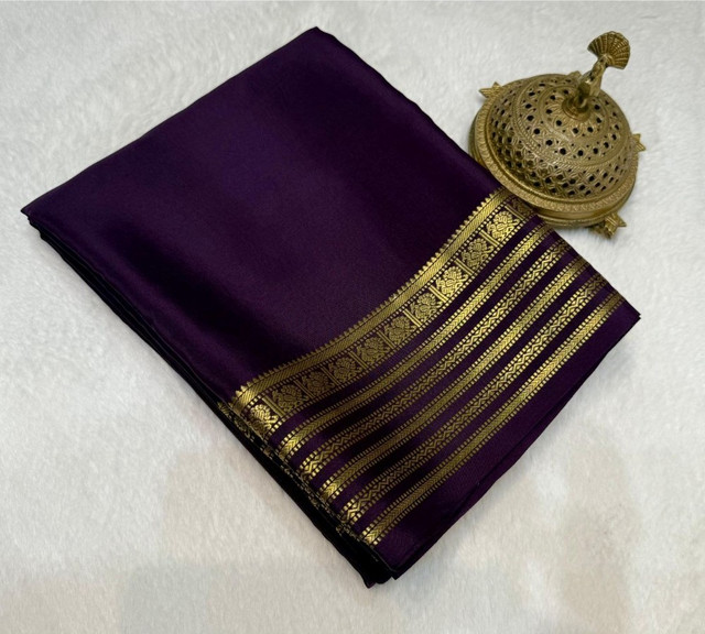 Women's Crepe Chit Pallu Solid Saree With Unstitched Blouse 5.5Mtr (Dark Purple)