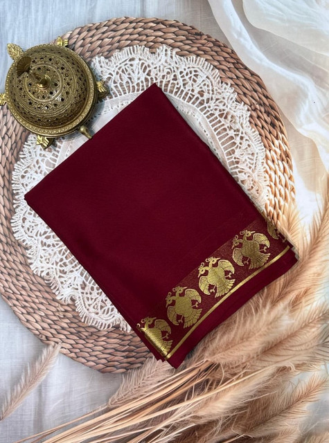 Women's Crepe Chit Pallu Solid Saree With Unstitched Blouse 5.5Mtr (Maroon)