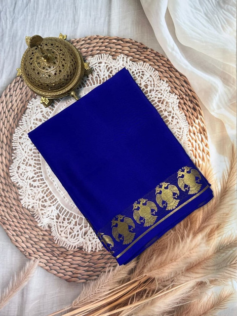 Women's Crepe Chit Pallu Solid Saree With Unstitched Blouse 5.5Mtr (Navy Blue)