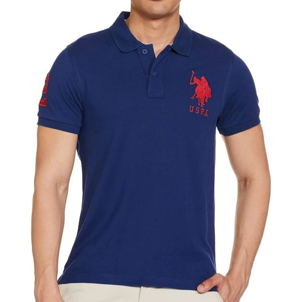 Men's Casual Half sleeve Solid Cotton Polo Neck T-shirt (Dark Blue)