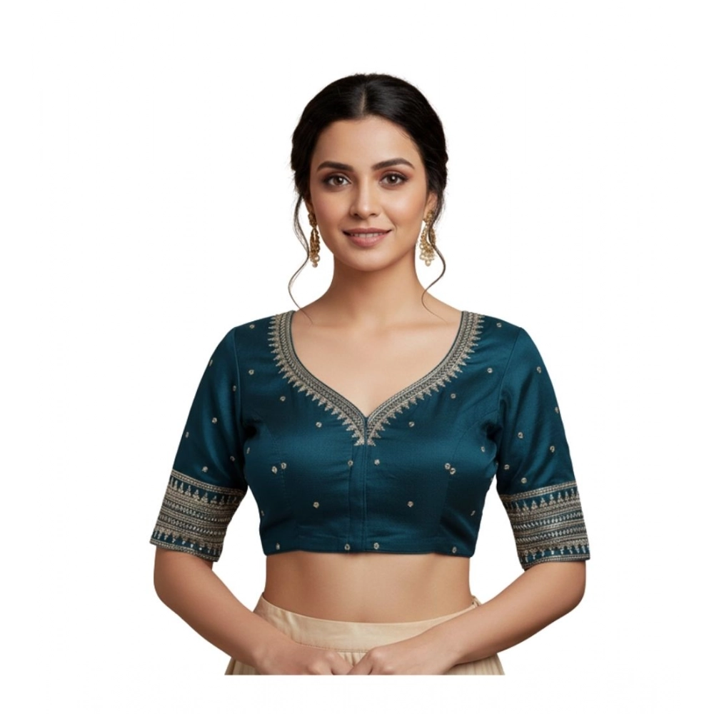 Women's Vichitra Silk V Neck Padded Blouse (Teal, 38 Ready Size (Self-Alterable 36â€“40)