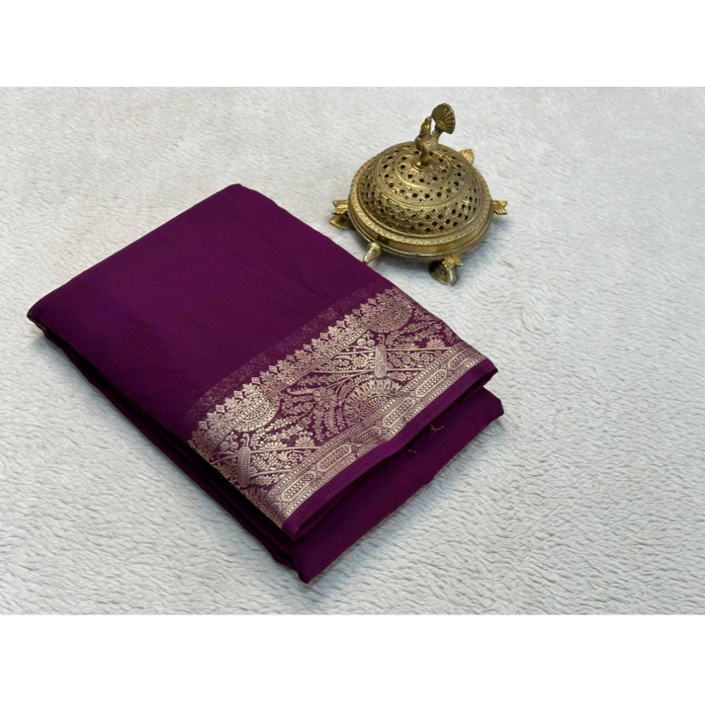 Women's Crepe Chit Pallu Solid Saree With Unstitched Blouse 5.5Mtr (Purple)