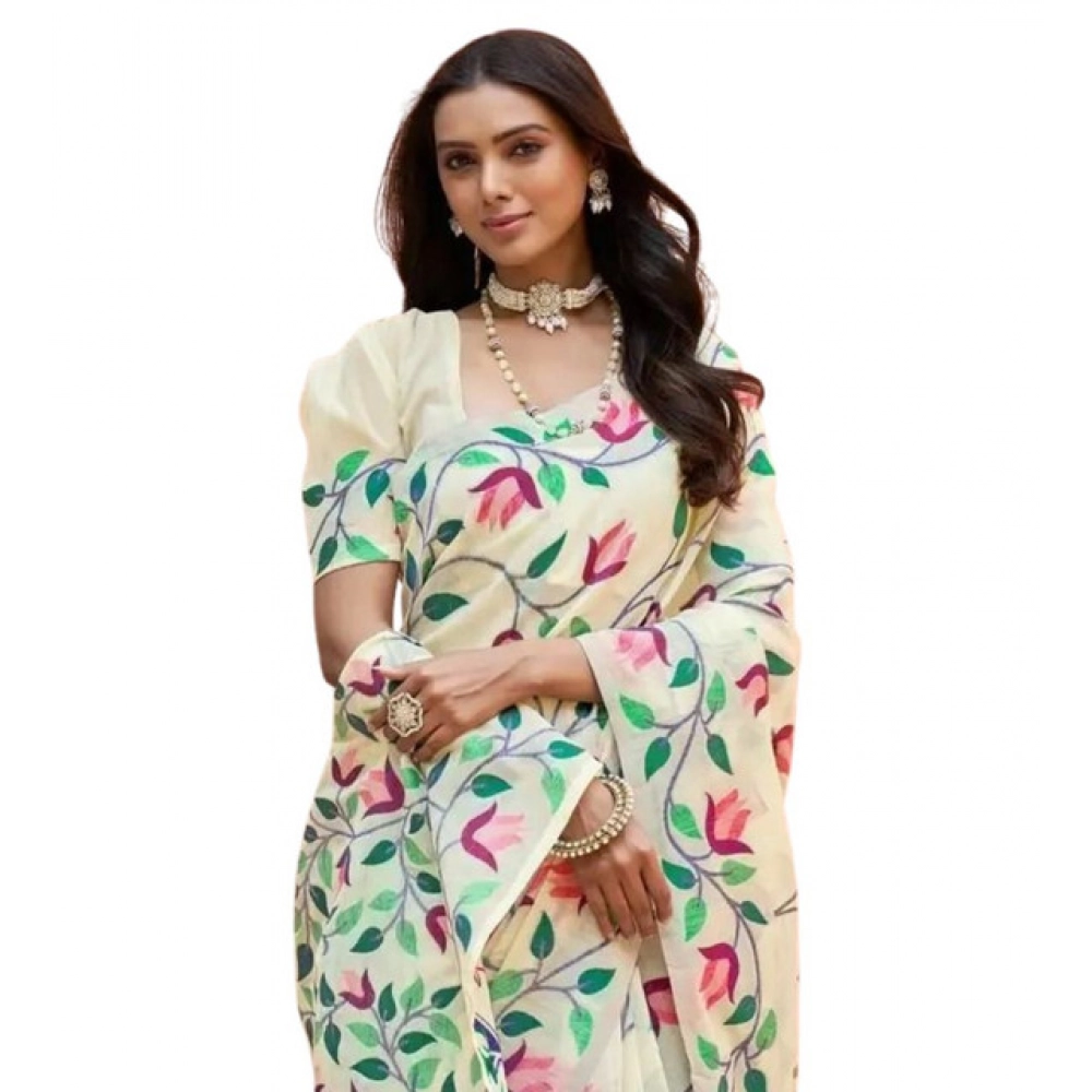 Women's Georgette Printed Saree With Unstitched Blouse 5.5Mtr (Cream)