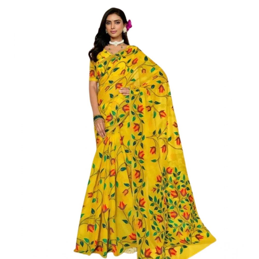 Women's Georgette Printed Saree With Unstitched Blouse 5.5Mtr (Yellow)