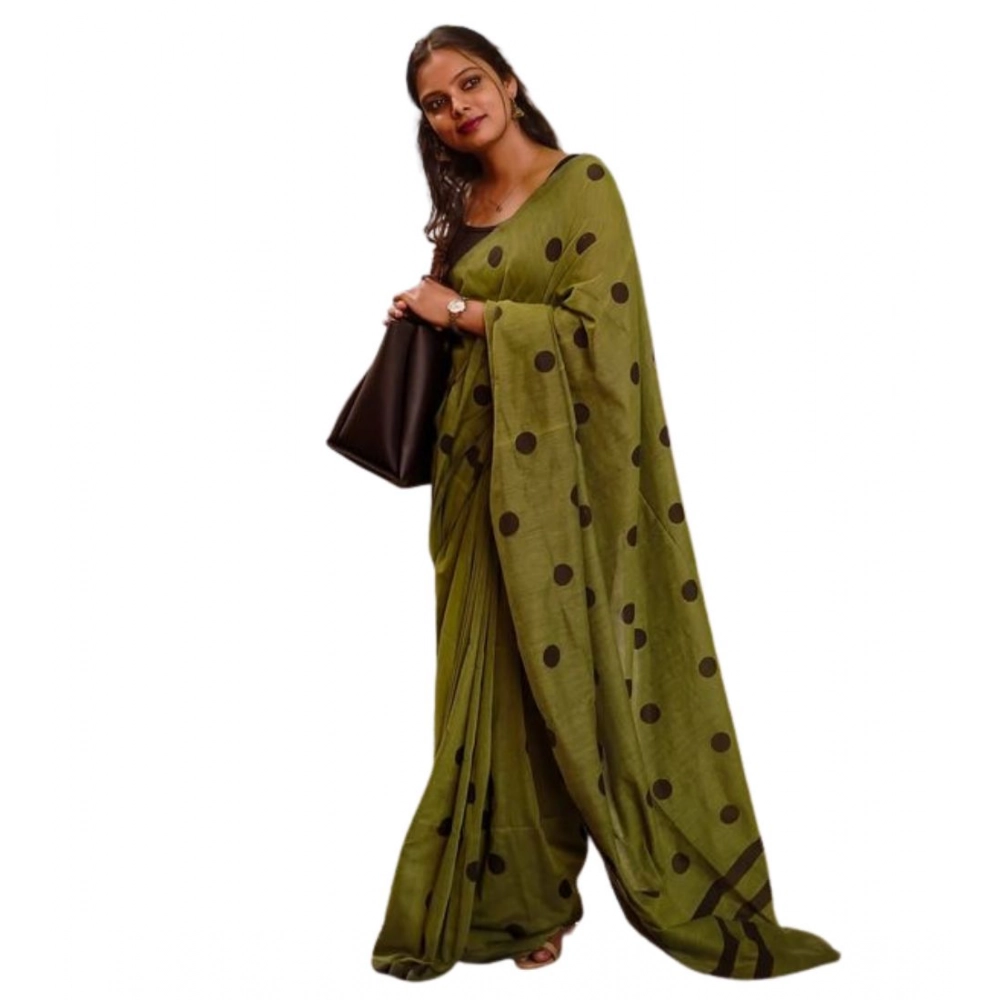Women's Linen Printed Saree With Unstitched Blouse 5.5Mtr (Green)