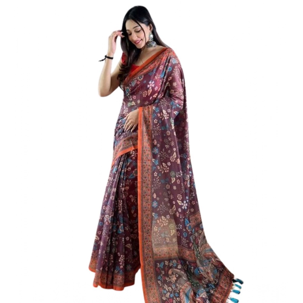 Women's Linen Printed Saree With Unstitched Blouse 5.5Mtr (Brown)