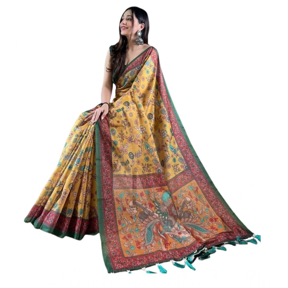 Women's Linen Printed Saree With Unstitched Blouse 5.5Mtr (Yellow)