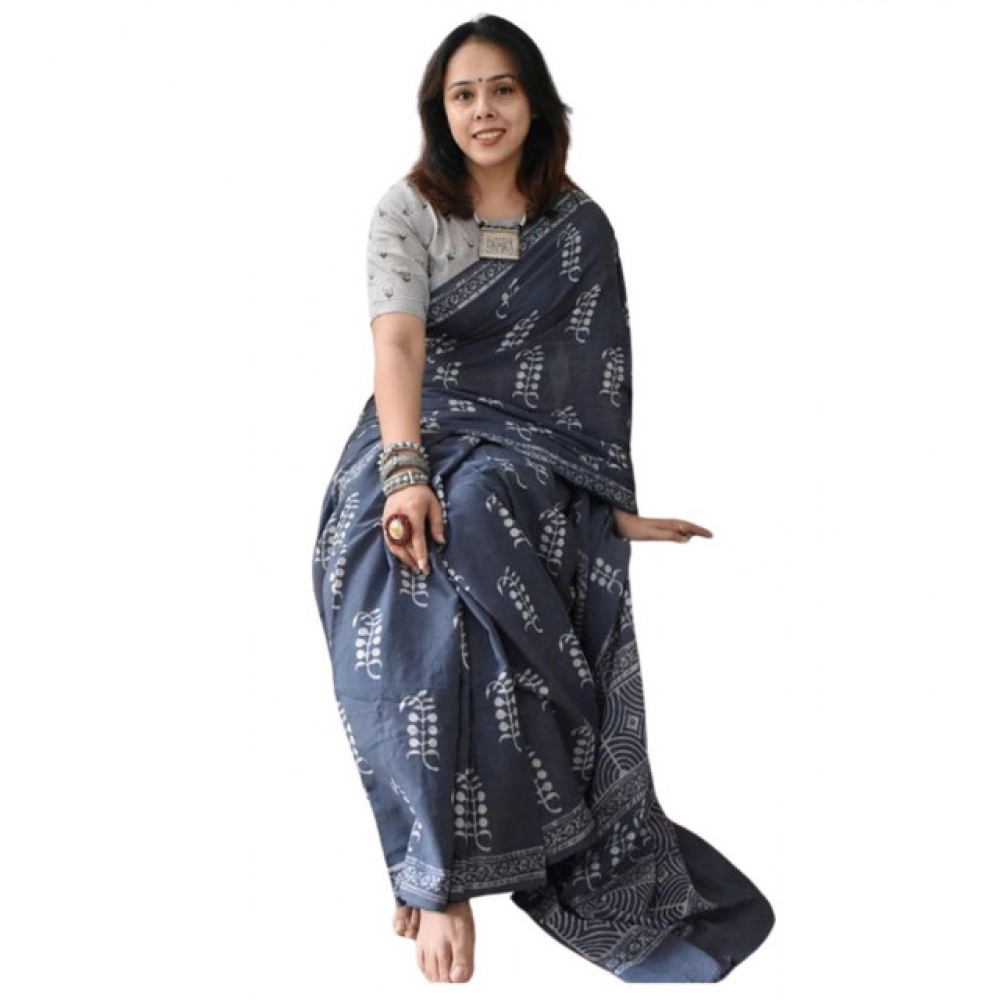 Women's Linen Printed Saree With Unstitched Blouse 5.5Mtr (Grey)