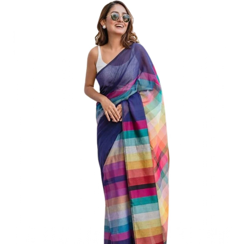 Women's Linen Printed Saree With Unstitched Blouse 5.5Mtr (Navy)