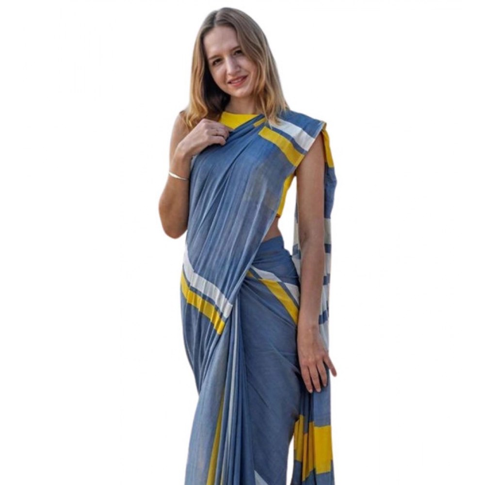 Women's Linen Printed Saree With Unstitched Blouse 5.5Mtr (Blue)
