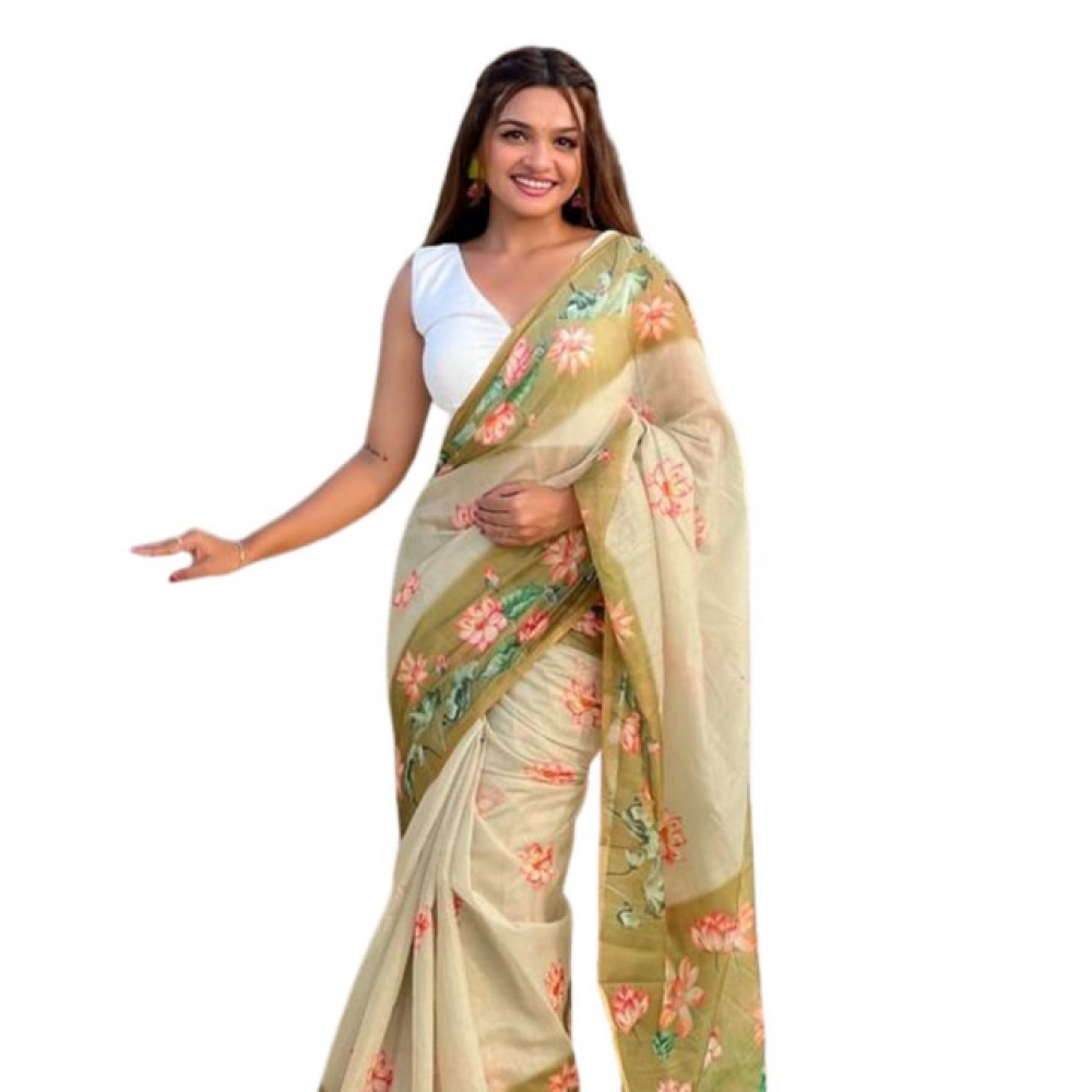 Women's Linen Printed Saree With Unstitched Blouse 5.5Mtr (Mahendi)