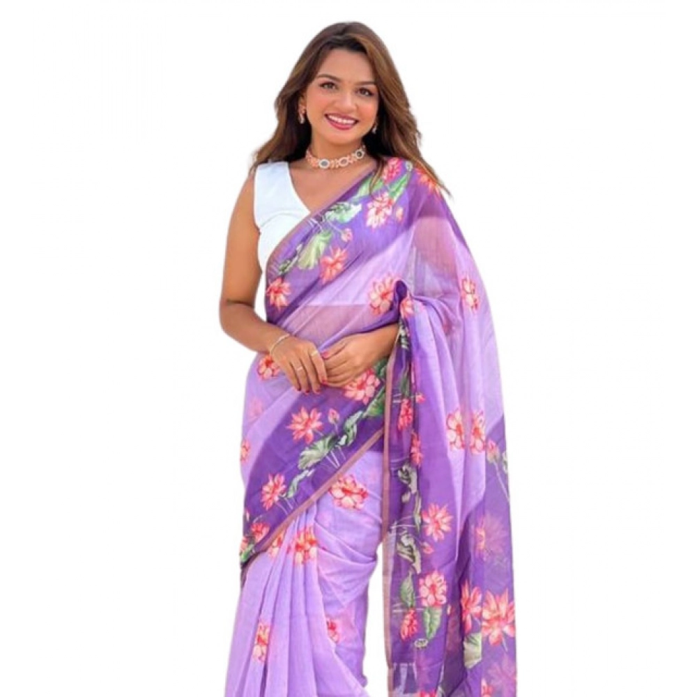 Women's Linen Printed Saree With Unstitched Blouse 5.5Mtr (Purple)