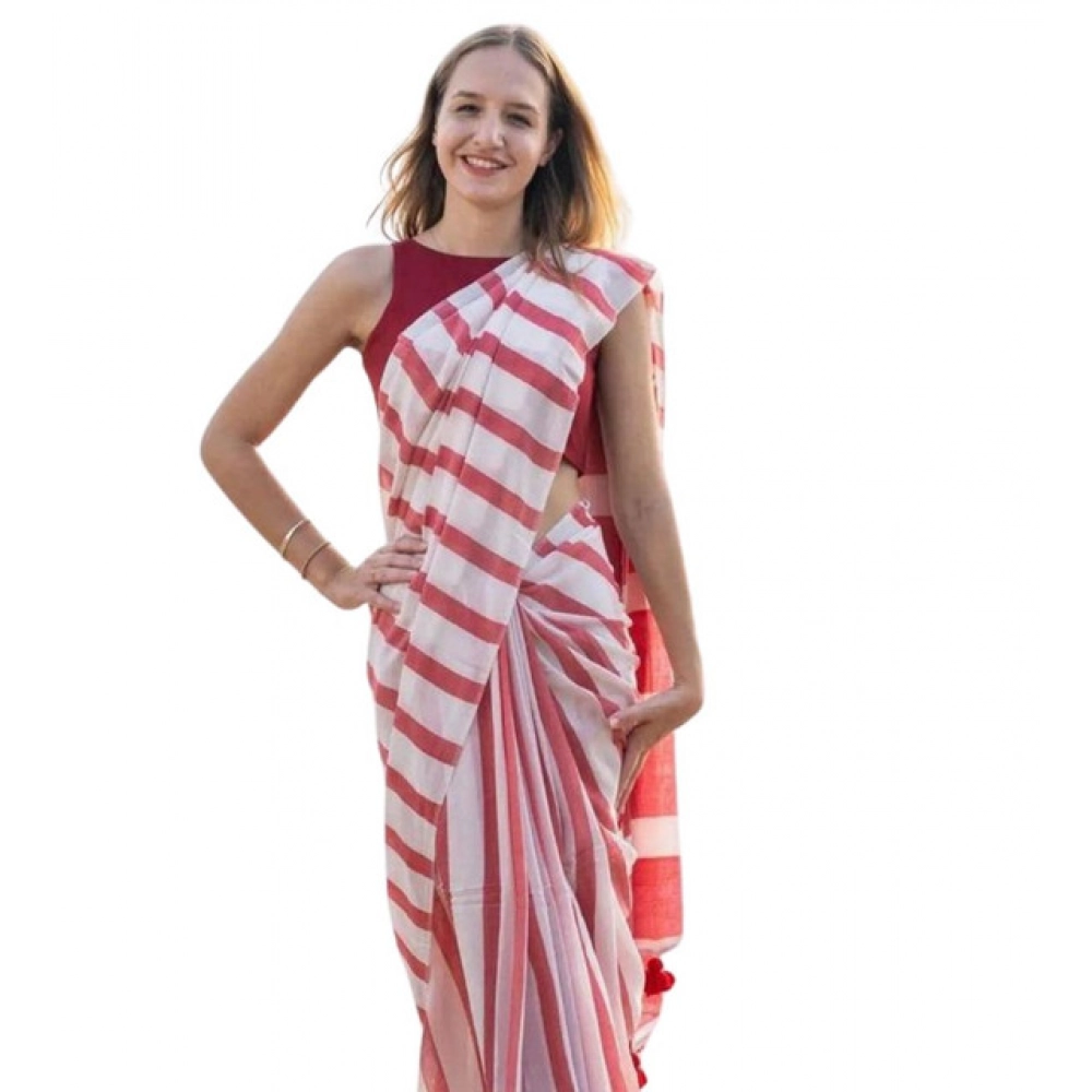 Women's Linen Printed Saree With Unstitched Blouse 5.5Mtr (Red)