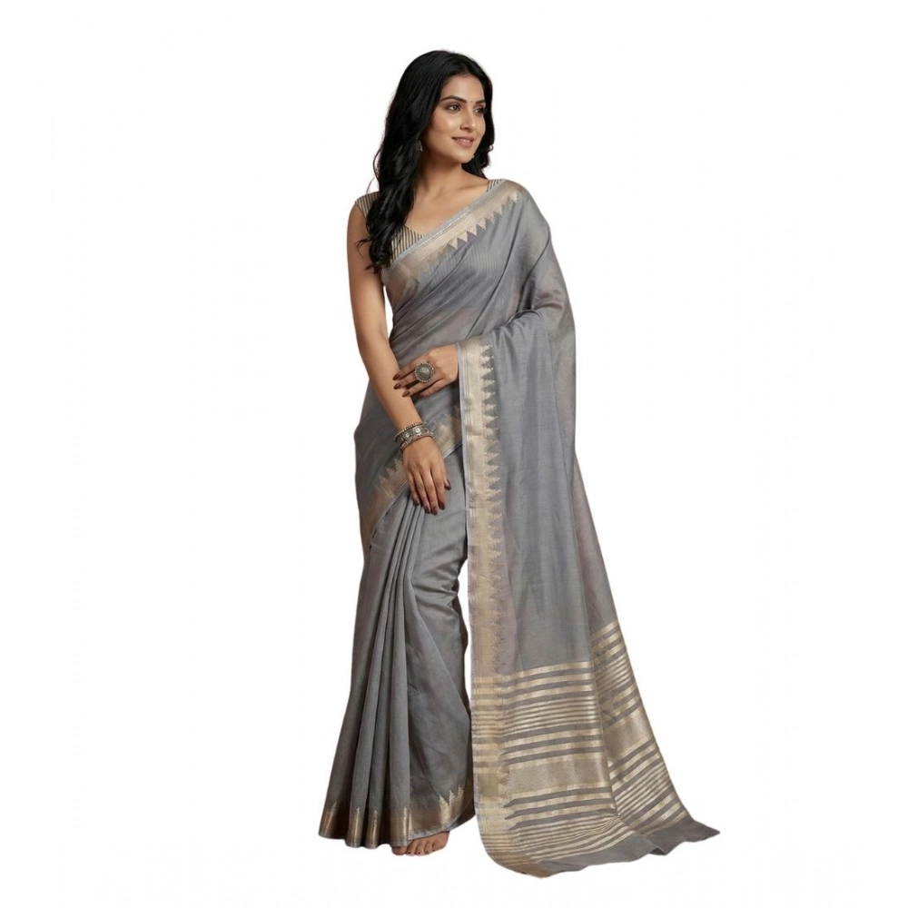 Women's Cotton Printed Saree With Unstitched Blouse 5.5Mtr (Gray)