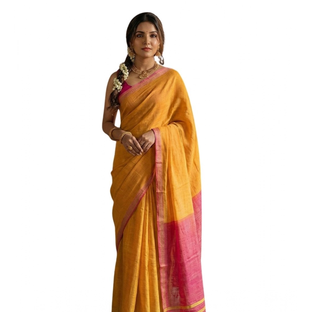 Women's Cotton Printed Saree With Unstitched Blouse 5.5Mtr (Yellow)