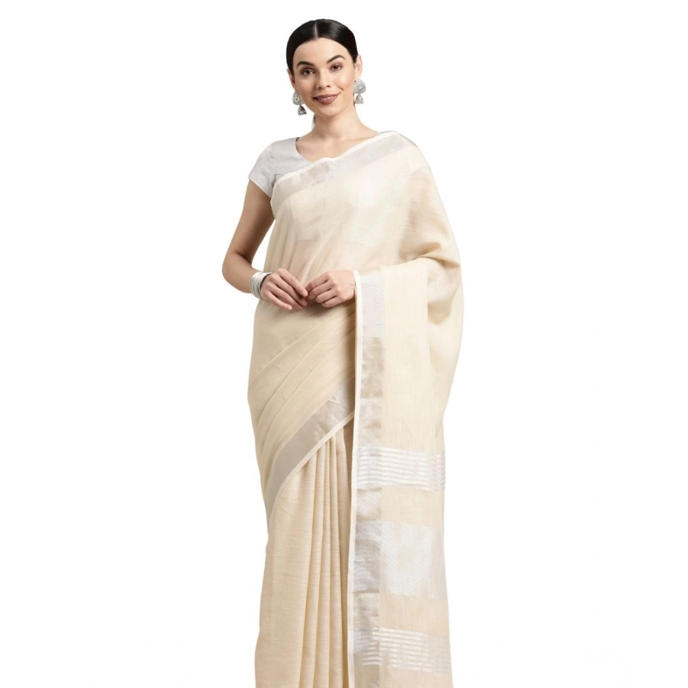 Women's Linen Cotton Printed Saree With Unstitched Blouse 5.5Mtr (Cream)
