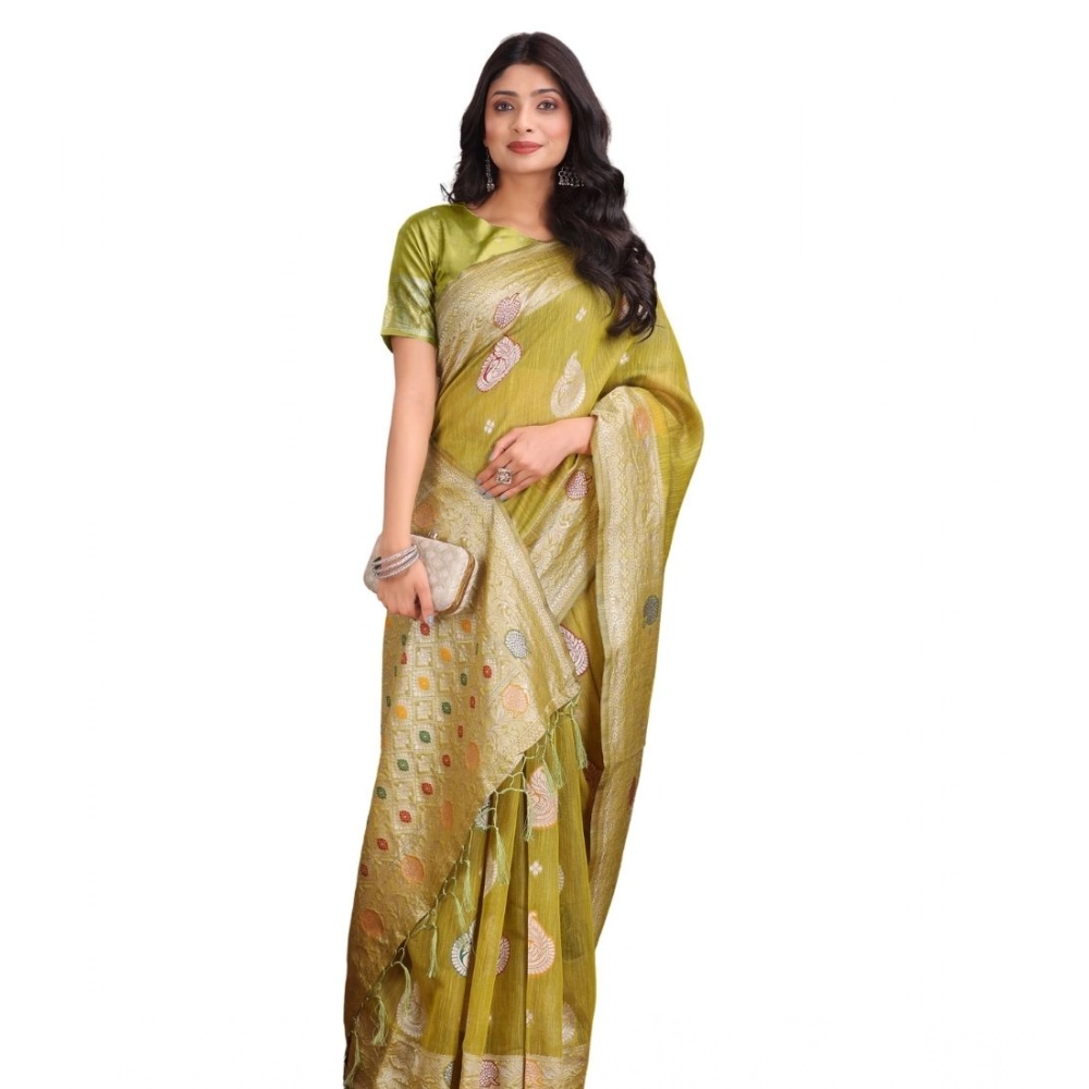 Women's Linen Cotton Printed Saree With Unstitched Blouse 5.5Mtr (Mustrad)