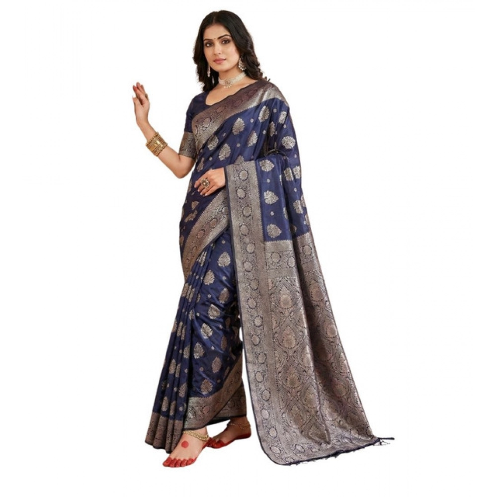 Women's Silk Blend Printed Saree With Unstitched Blouse 5.5Mtr (Navy Blue)