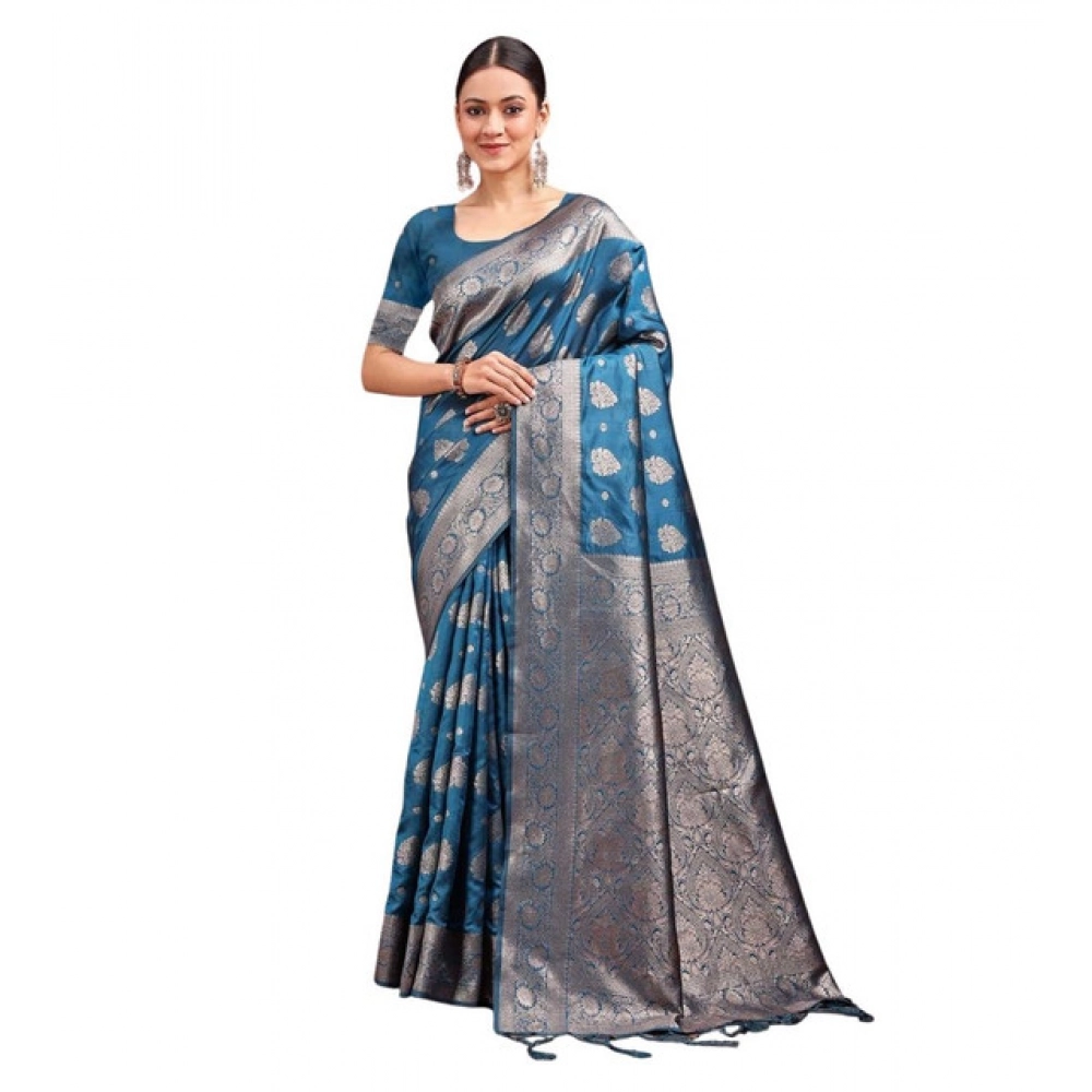 Women's Banarasi Silk Printed Saree With Unstitched Blouse 5.5Mtr (Teal Blue)