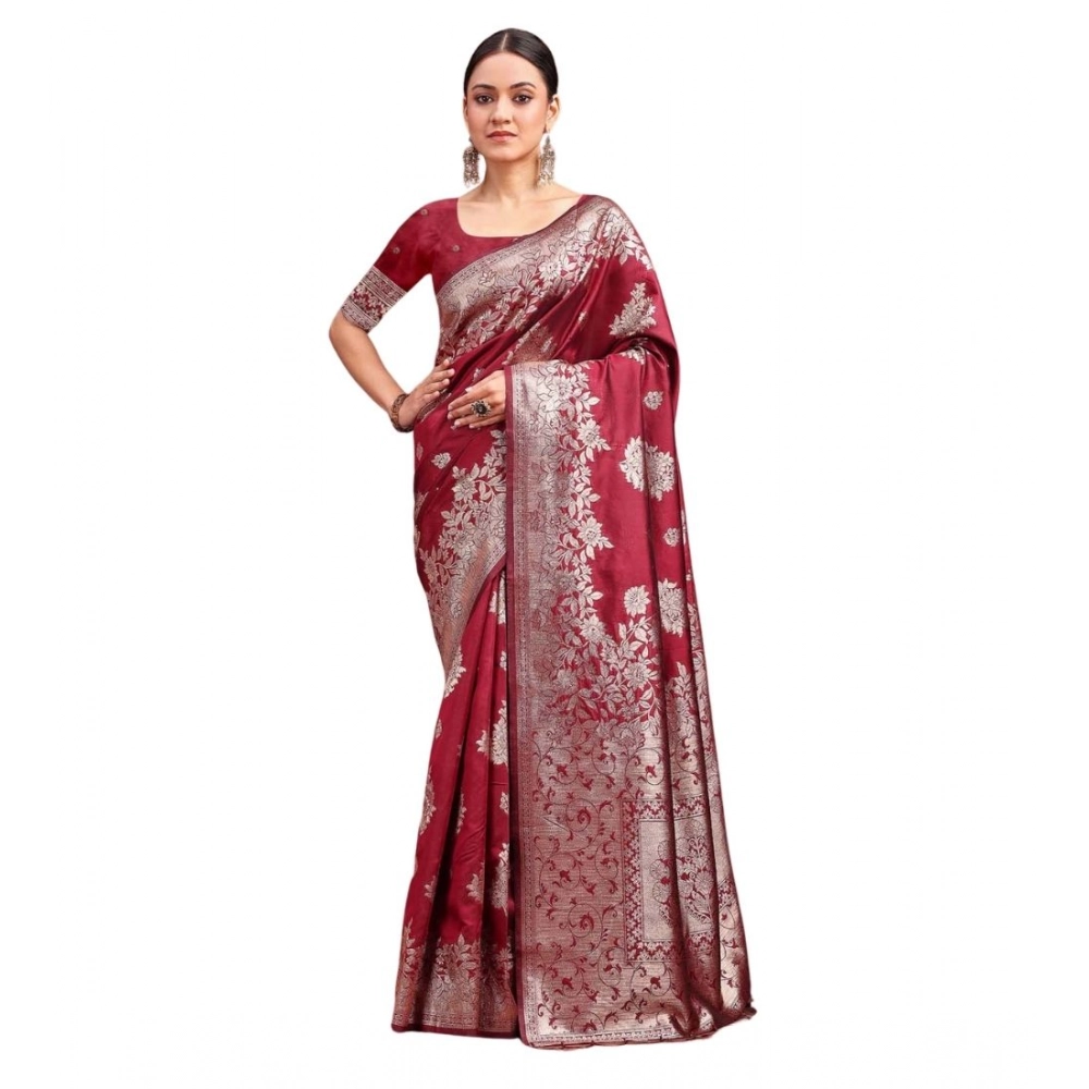 Women's Banarasi Silk Printed Saree With Unstitched Blouse 5.5Mtr (Maroon)