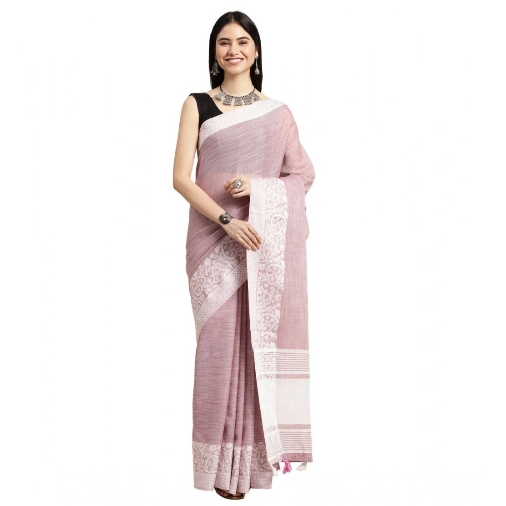 Women's Linen Printed Saree With Unstitched Blouse 5.5Mtr (Purple)