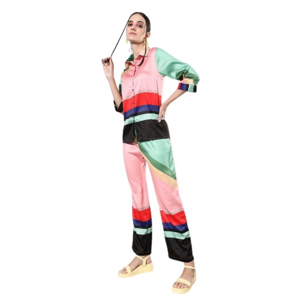 Women's Satin Colour Block Long Sleeves Co-Ord Set (Multicolor)