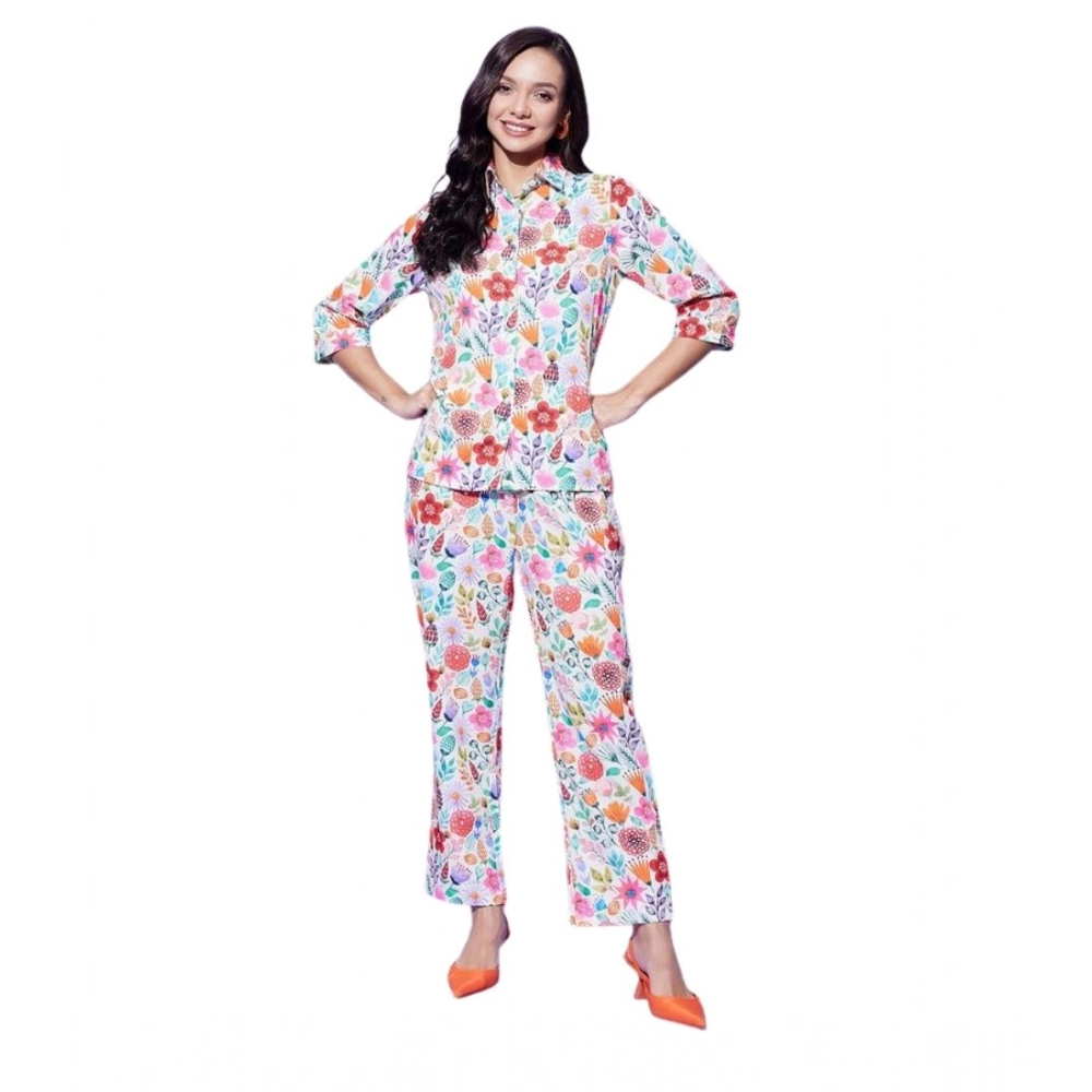 Women's Polyester Floral 3-4th Sleeve Co-Ord Set (Multicolor)