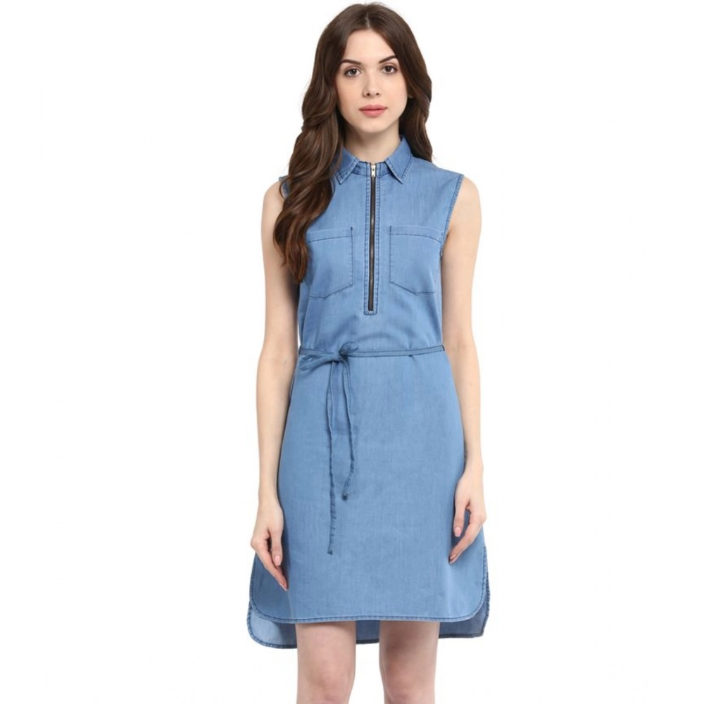 Women's Denim Solid Sleeveless Dress (Blue)