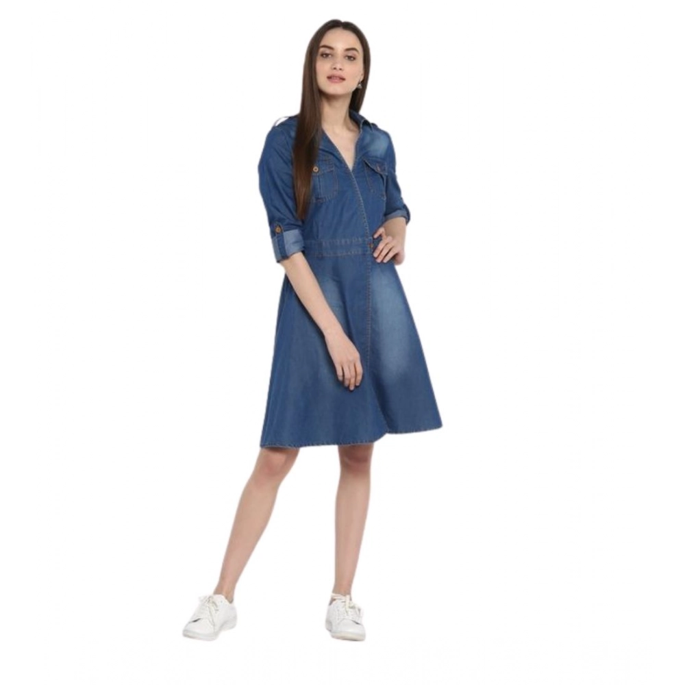 Women's Denim Solid Roll Up Sleeve Dress (Blue)