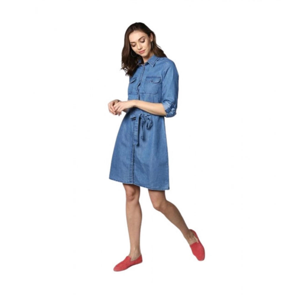 Women's Denim Solid Roll Up Sleeve Dress (Blue)
