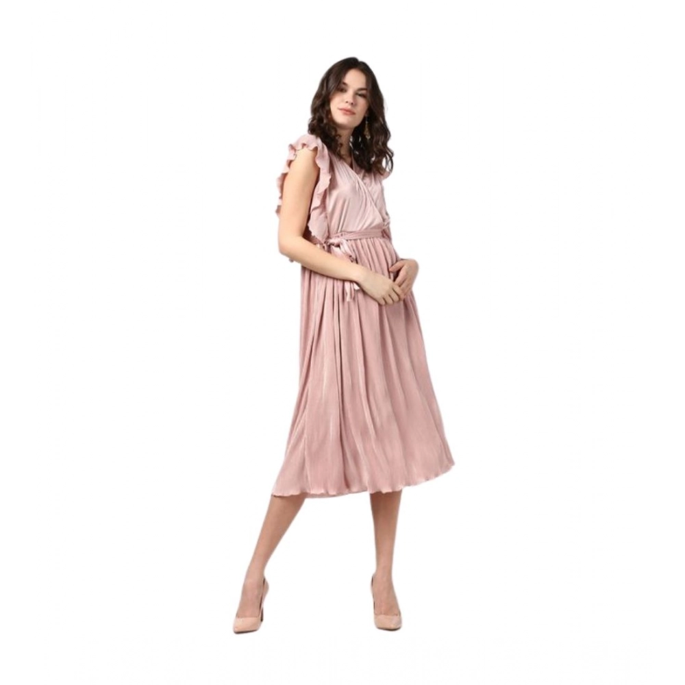 Women's Polyester Pleated Flutter Dress (Champagne Gold)