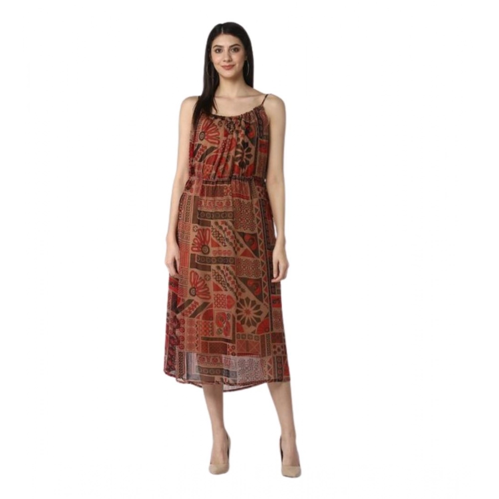 Women's Polyester Printed Shoulder Straps Dress (Maroon - Brown)