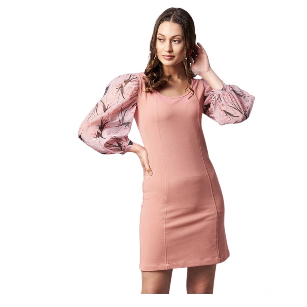 Women's Polyester Lycra And Organza Floral Balloon Sleeve Dress (Pink)