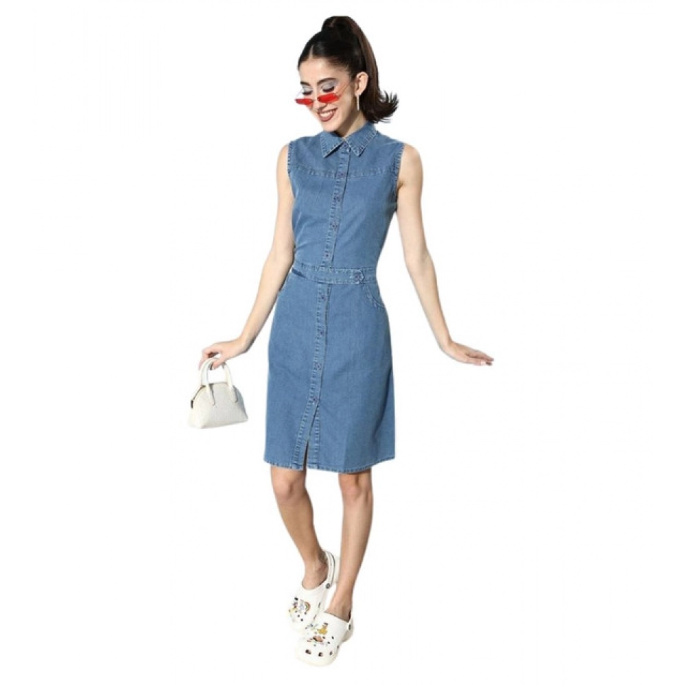 Women's Denim Solid Sleeveless Dress (Blue)