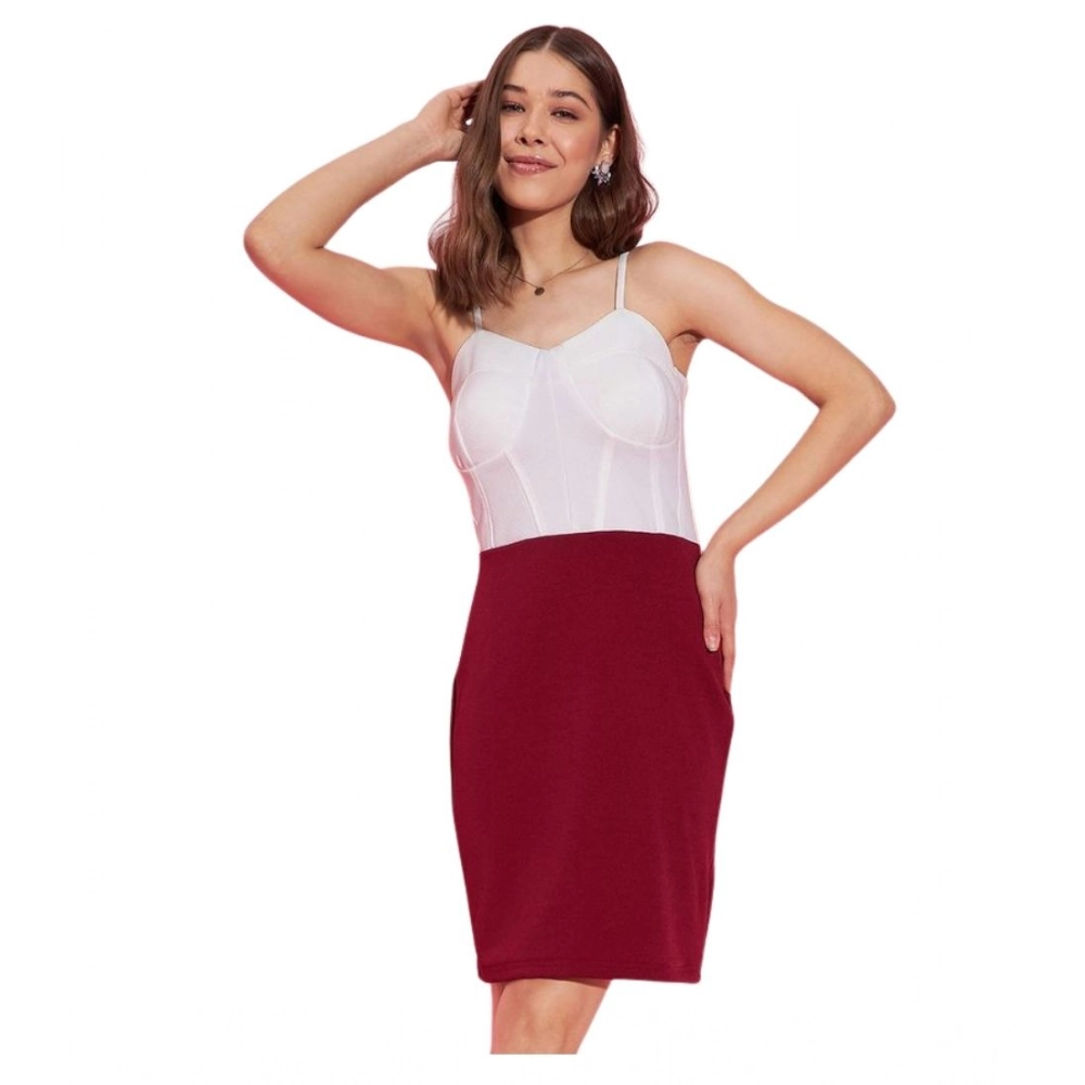 Women's Polyester Lycra Color Blocking Shoulder Straps Dress (White - Maroon)