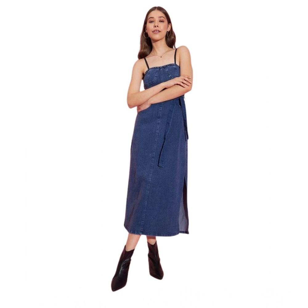 Women's Denim Solid Shoulder Straps Dress (Blue)