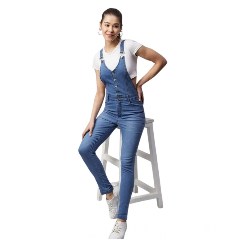 Women's Denim Lycra Solid Buttoned Dungaree (Ice Blue)