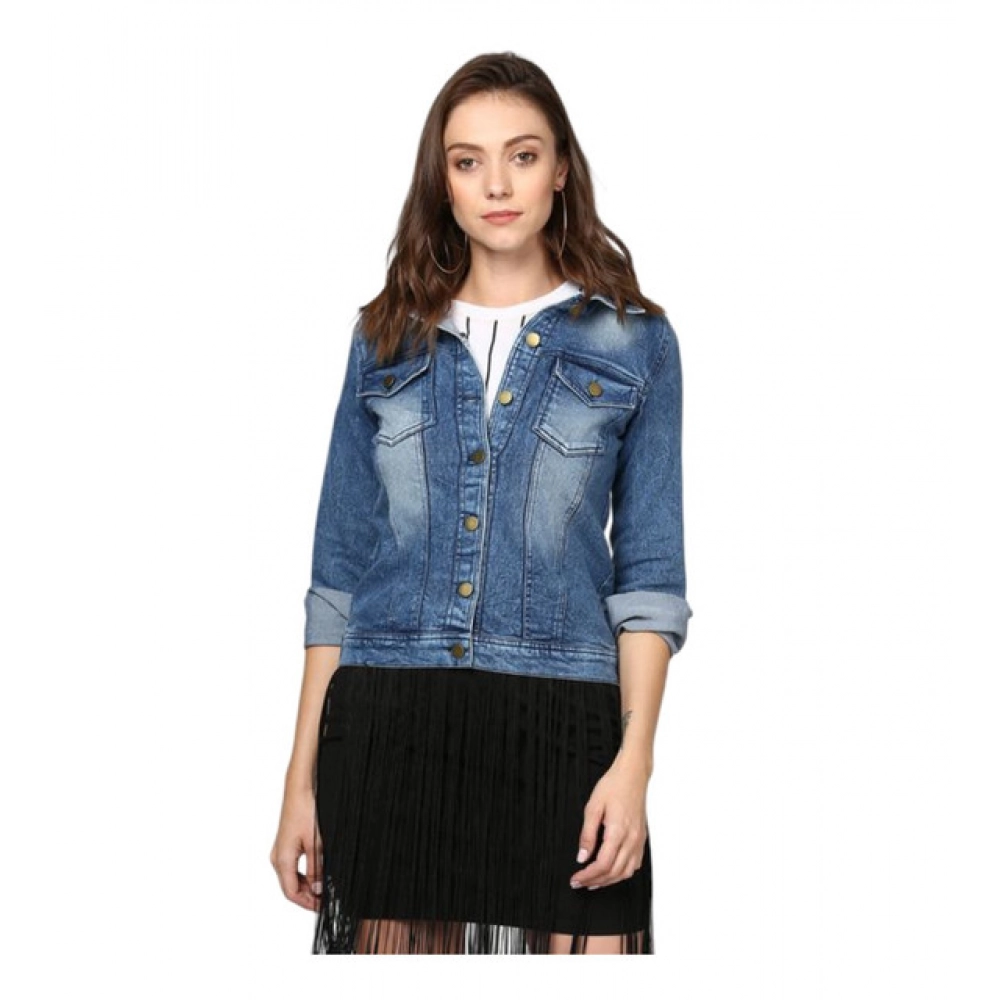 Women's Denim Washed Long Sleeves Jacket (Blue)