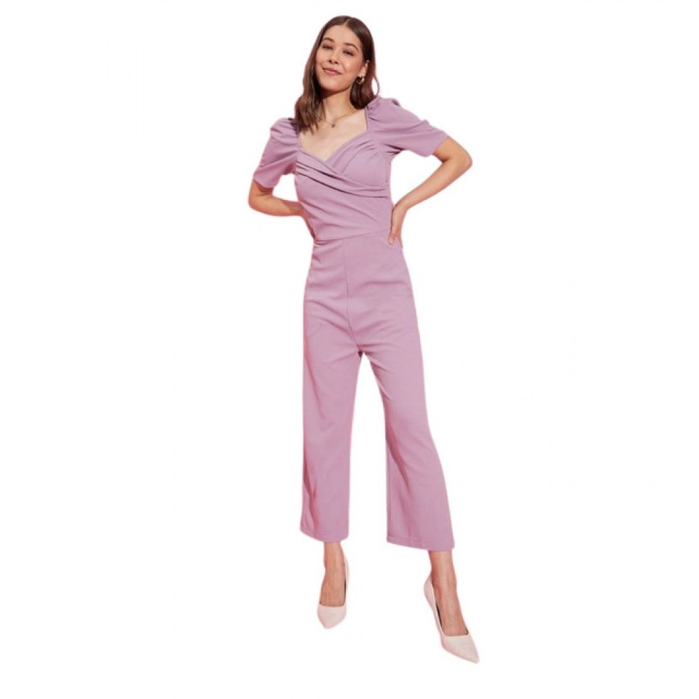 Women's Polyester Lycra Solid Puff Sleeve Jumpsuit (Lavender)