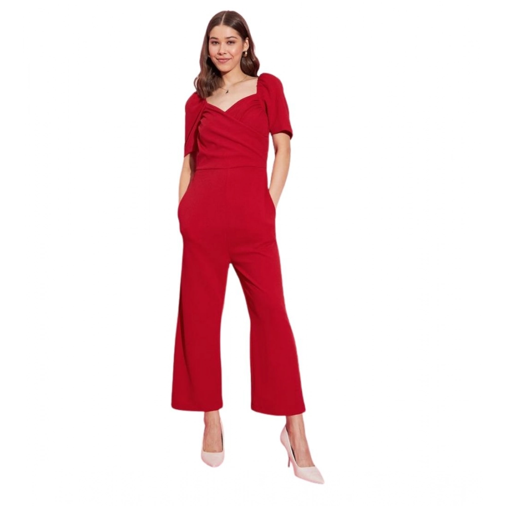 Women's Polyester Lycra Solid Puff Sleeve Jumpsuit (Red)