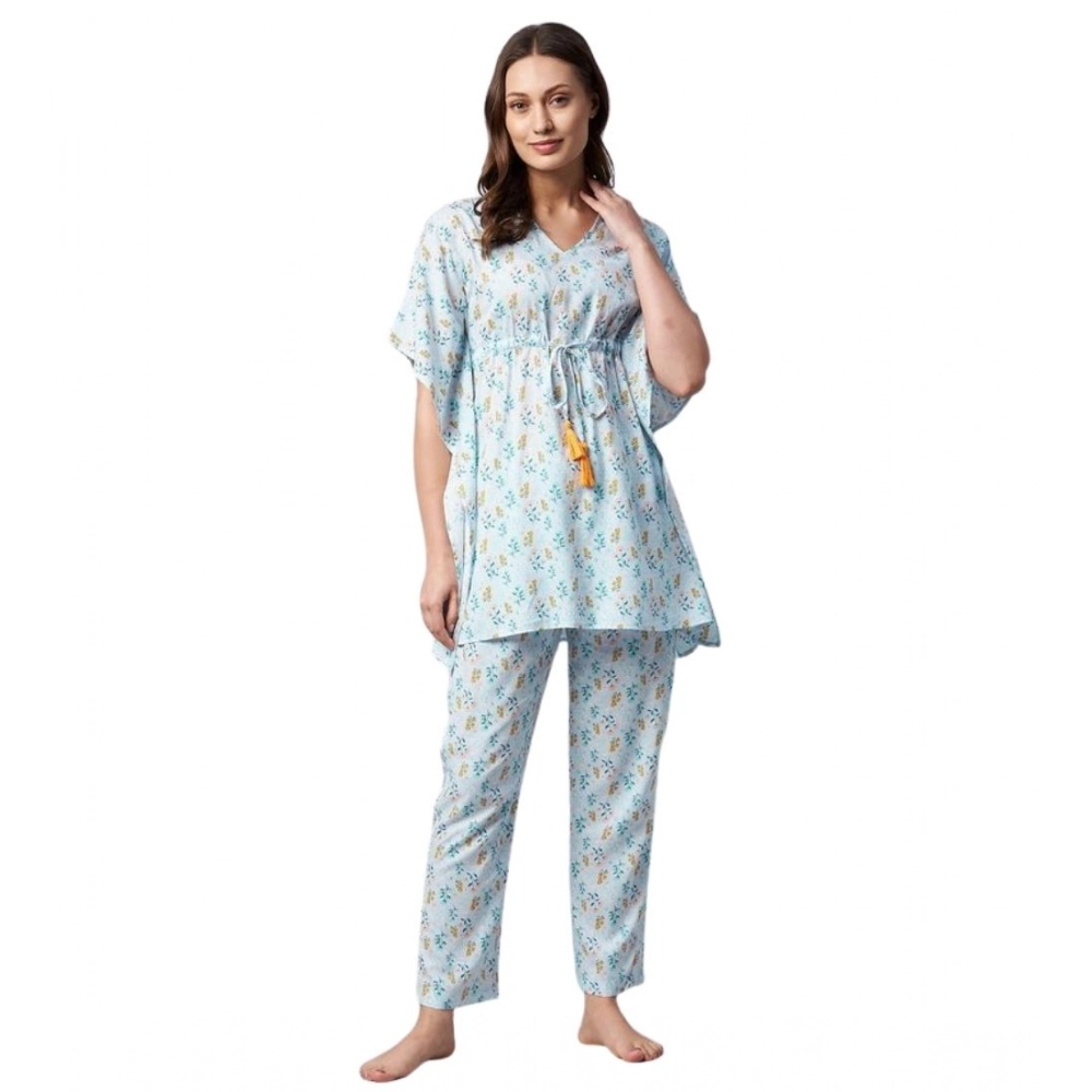 Women's Rayon Floral Kaftan Sleeve Kaftan Sets (Light Blue)