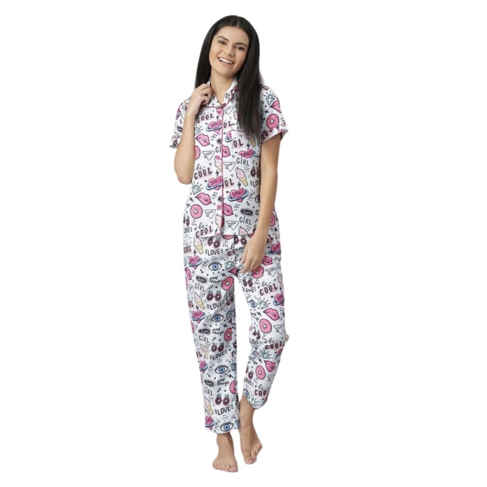 Women's Cotton Blend Printed Short Sleeve Night Suit (Multicolor)
