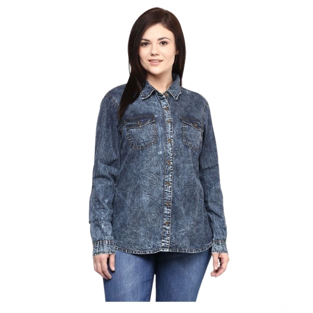 Women's Denim Solid Long Sleeves Shirt (Blue)