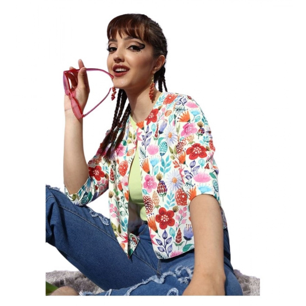 Women's Polyester Floral 3-4th Sleeves Shrug (Multicolor)