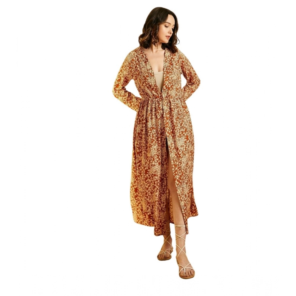 Women's Polyester Floral Long Sleeves Shrug (Brown)