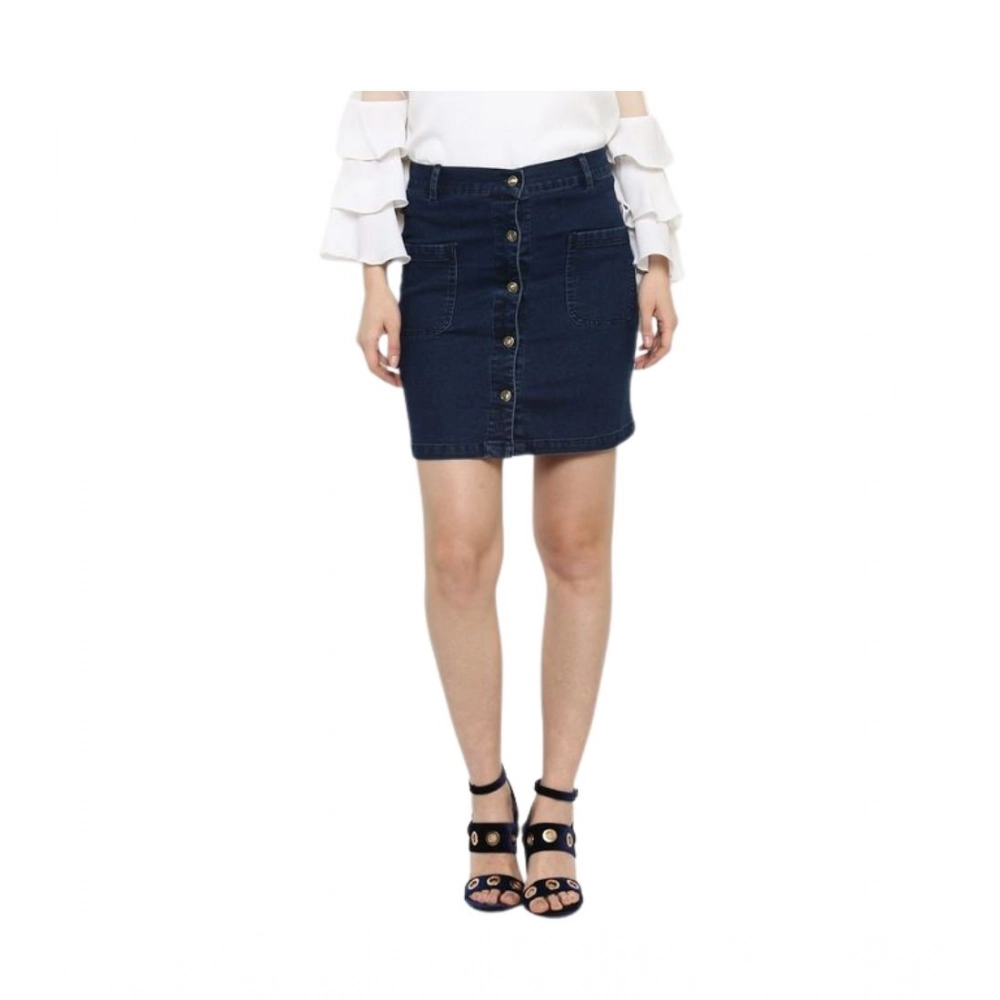Women's Denim Front Button Buttoned Skirt (Blue)